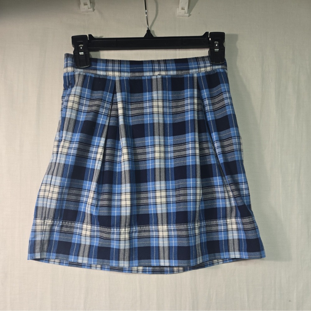 Lands' End Girls 10 Pleat School Uniform Clear Blue Plaid Skirt Pockets READ